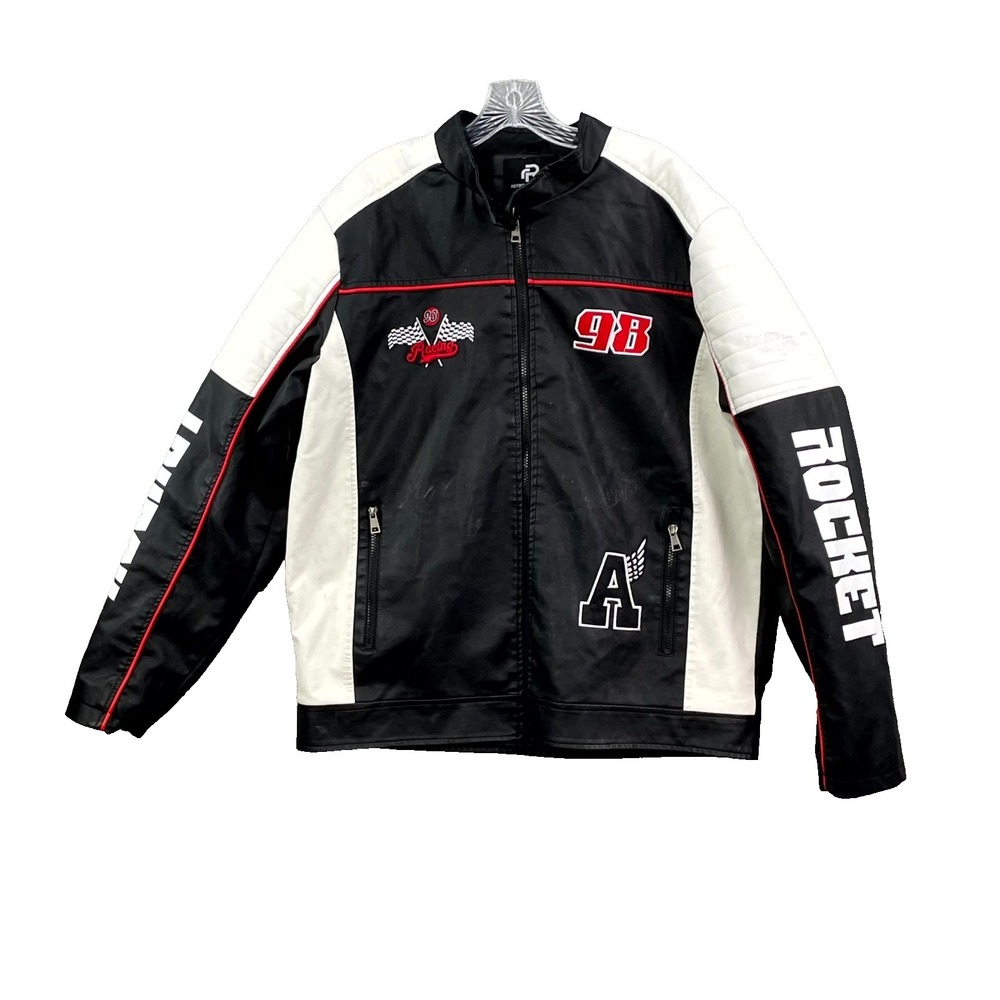 Refinery Republic Racing Jacket Mens XL Black Leather Biker Motorcycle Rocket 98